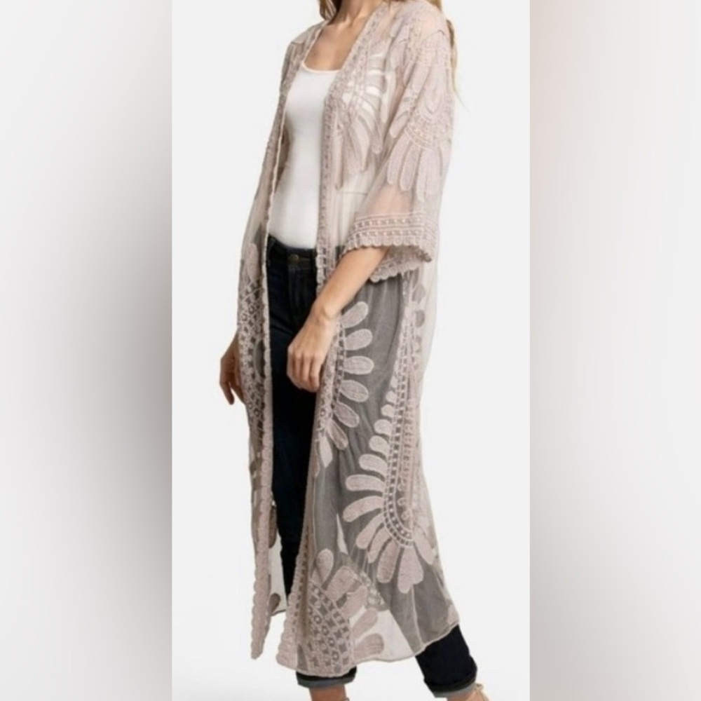 Rebellion Again Blue Embroidered Swim Coverup, Sheer Lace Long Cardigan